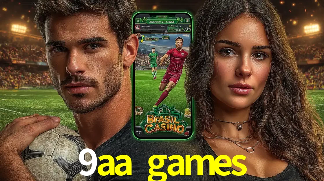 Homem segurando uma bola de futebol e uma mulher ao lado de um smartphone exibindo o jogo de apostas esportivas da 9aa games. Faça seu palpite no cassino online.